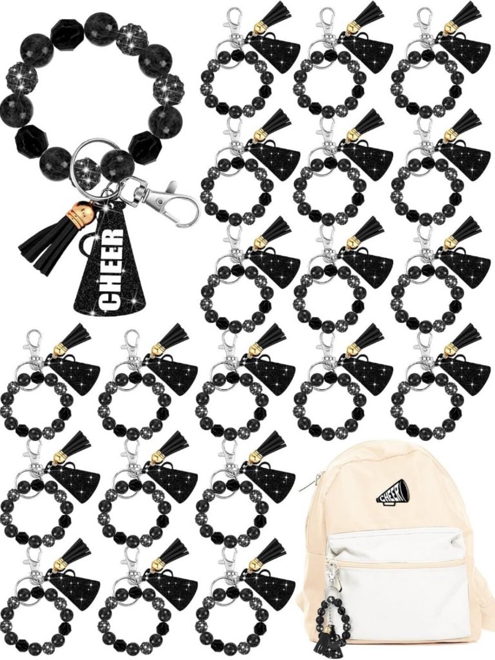 20 Pcs Beaded Cheer Keychain Wristlets with Tassel - Bulk Set for Events & Gifts